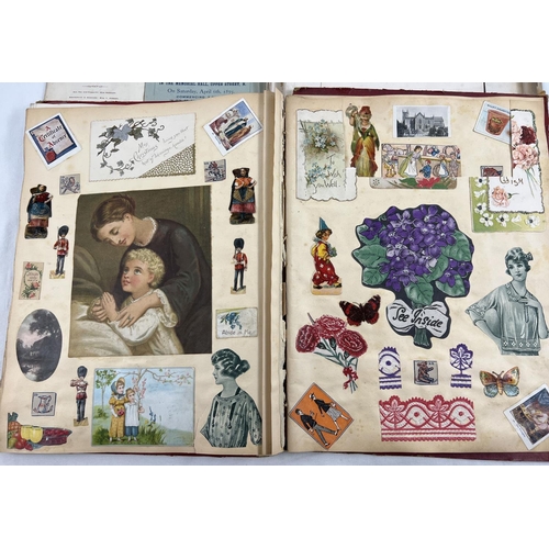 173 - 2 Victorian/Edwardian scraps albums (a/f). Red album containing assorted scraps, prints and greeting... 