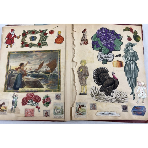 173 - 2 Victorian/Edwardian scraps albums (a/f). Red album containing assorted scraps, prints and greeting... 