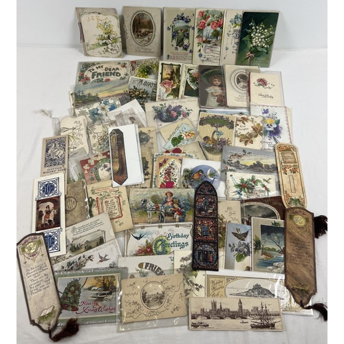 177 - A small box with 65 assorted Victorian & Edwardian greetings cards and 10 bookmarks. Mostly in clear... 