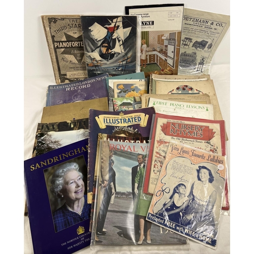 182 - A box of assorted vintage ephemera to include sheet music, magazines and Royal Commemorative books &... 