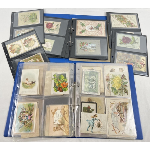 184 - 2 blue folders containing 160 assorted Victorian & Edwardian greetings cards. In varying styles and ... 