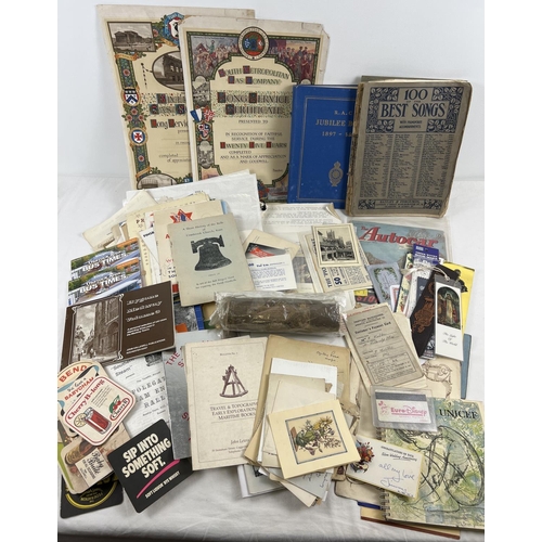 189 - A box of assorted vintage ephemera to include programmes, Menu cards, beer mats, long service certif... 