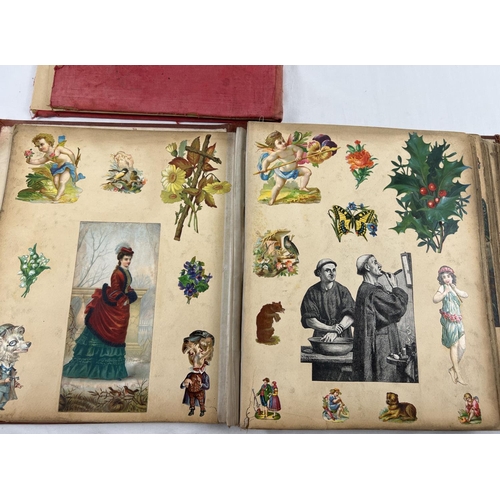 191 - 2 Victorian scrap albums with red covers, one a/f with loose leaves. To include scraps, greetings ca... 