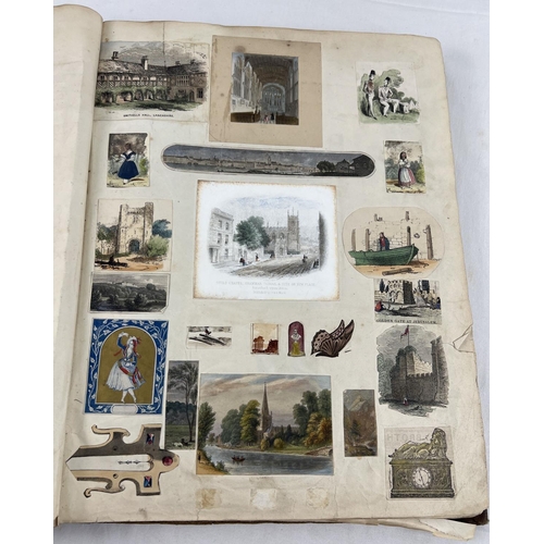 194 - A large Victorian scrap book containing a quantity of scraps, etchings and prints.