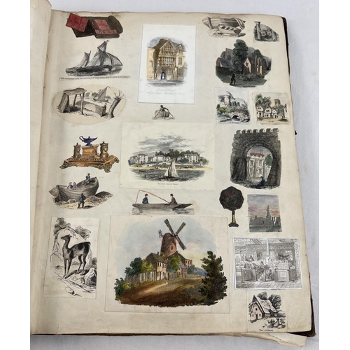 194 - A large Victorian scrap book containing a quantity of scraps, etchings and prints.