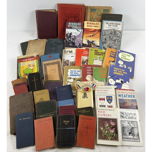 153 - A box of assorted books to include Observers books, postcard collecting, Biggles and Peanuts.