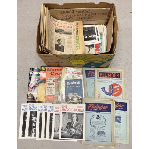 212 - A box of assorted vintage newspapers and magazines to include: The Autocar, The Plumber, The Magic C... 