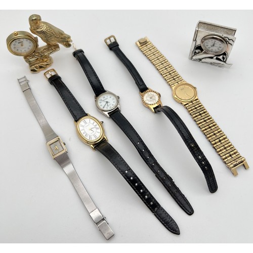 1118 - A collection of vintage ladies wristwatches and miniature clocks, to include gold tone Seiko (7320-0... 