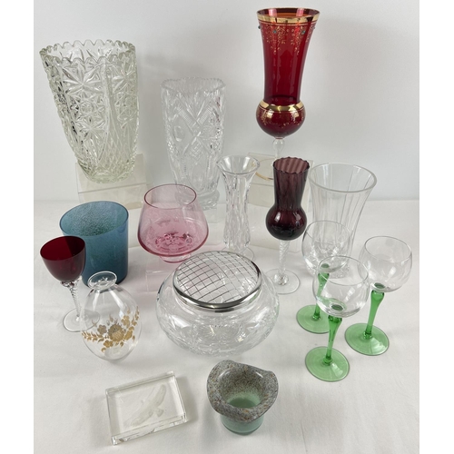 1202 - A box of assorted vintage clear and coloured glass, to include vases, rose bowl and stemmed vases.