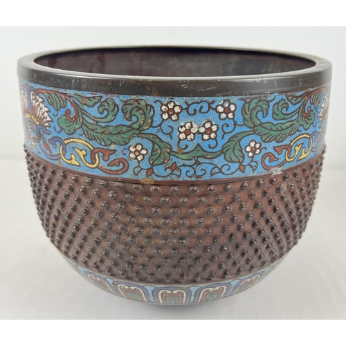 1205 - An antique bronze and champleve cloisonne planter with studded style textured central band. Enamelle... 