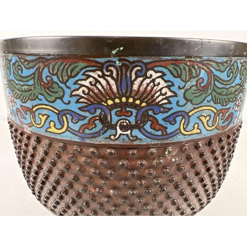 1205 - An antique bronze and champleve cloisonne planter with studded style textured central band. Enamelle... 