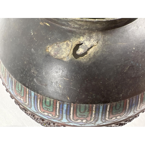 1205 - An antique bronze and champleve cloisonne planter with studded style textured central band. Enamelle... 