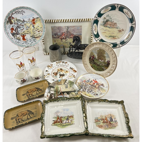 1302 - A collection of hunting scene and horse related items. To include ceramic plates, glasses, serving t... 