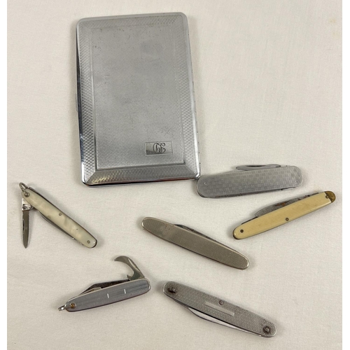 1263 - 6 assorted vintage penknives together with a 'Sylva Chrome' cigarette case with engine turned decora... 