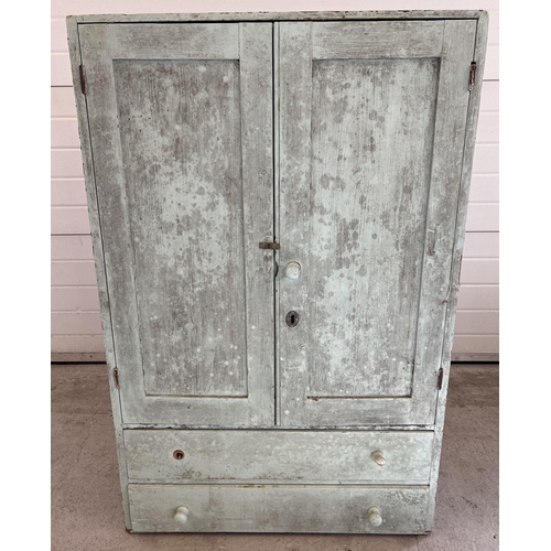 1328 - A vintage pine 2 door cupboard with 2 drawers to base, painted pale blue/green. 2 interior shelves, ... 