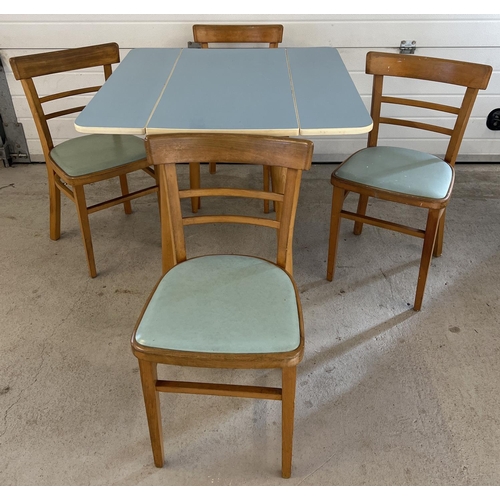 1341 - A retro mid century pale blue Formica topped, drop leaf kitchen table with 4 matching chairs. Table ... 