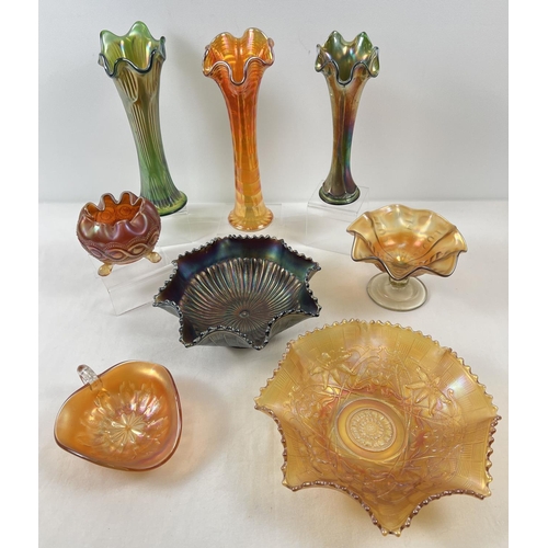 1196 - 8 pieces of vintage Carnival/iridescent glass, in varying colours and designs. To include scalloped ... 