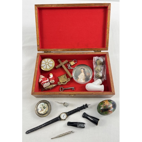 1269 - An inlaid wooden box of assorted vintage small items. To include small lidded trinket pots with shel... 