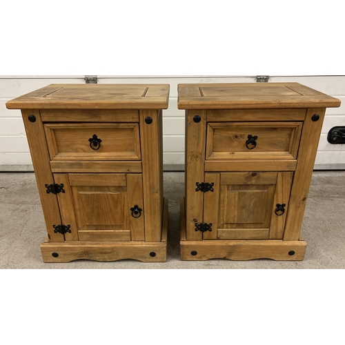 1342 - A pair of Mexican pine bedside cabinets with single drawer and cupboard. Black metal hinges and hand... 