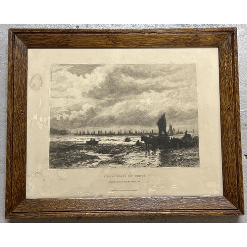 1313 - Fishing Boats Off Whitby - antique engraving drawn and etched by David Law. In oak frame (approx. 31... 