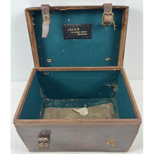 1273 - A small vintage leather carry case/trunk with green felt lining and name badge to inside of lid. Lab... 