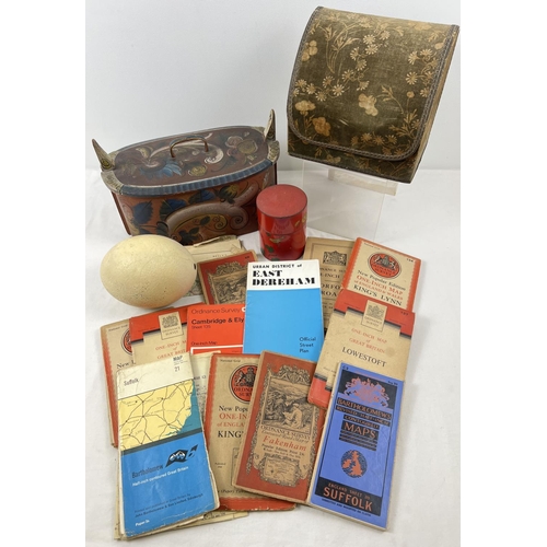 1275 - A collection of assorted vintage items. To include a velvet covered stationary box, an Ostrich egg, ... 