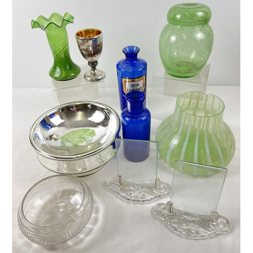 1198 - A collection of antique and vintage coloured and clear glass  items. To include 2 Bristol blue apoth... 