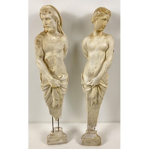 1277 - 2 vintage wall hanging plaster plaques of classical semi naked figures (a/f). Approx. 55.5cm tall.