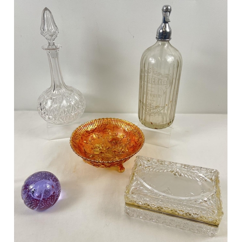 1199 - A small collection of vintage clear & coloured glass items. To include a 1920's acid etched soda syp... 