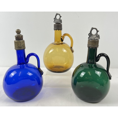 1200 - 3 Victorian coloured glass wine flasks/flagons. Bristol blue, green and amber glass, all with shaped... 