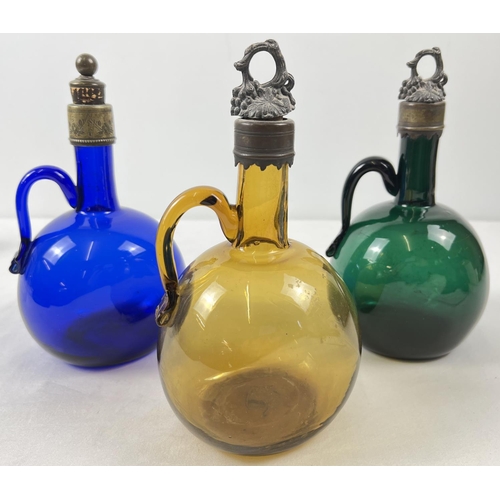 1200 - 3 Victorian coloured glass wine flasks/flagons. Bristol blue, green and amber glass, all with shaped... 