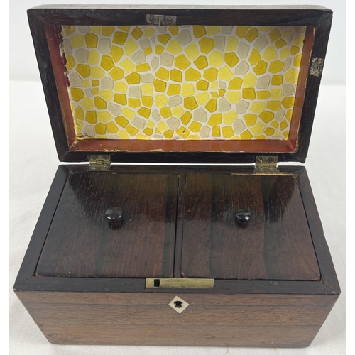 1283 - A vintage mahogany tea caddy with 2 interior compartments and diamond shaped inlaid escutcheon. Appr... 