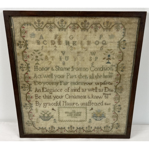 1289 - A framed and glazed Georgian embroidery sampler by Susan Platt 1775. With floral border design, bowl... 