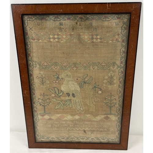 1290 - A framed and glazed Georgian fine embroidery sampler by Prisilla Garding 1749. With floral design bo... 