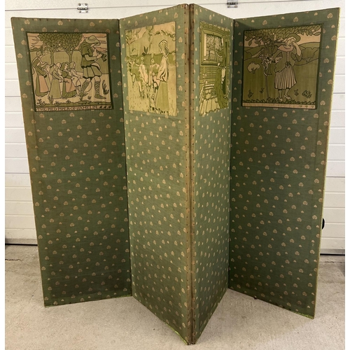 1350 - An Art Nouveau 4 sectional Nursery room divider with original green coloured fabric of foliate desig... 