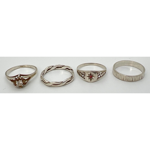 75 - 4 stone set and band style silver rings, in sizes O and O½. All stamped or hallmarked.