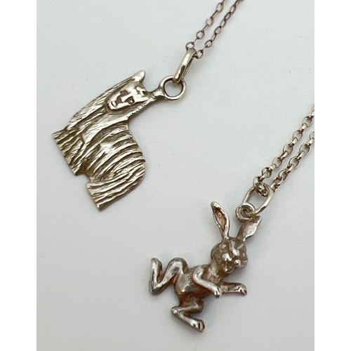 79 - 2 vintage silver and white metal animal shaped pendant necklaces. A white metal rabbit on an 18