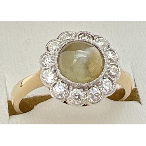 81 - An antique 18ct gold Cats eye chrysoberyl & diamond ring. Central circular cats eye cabochon surroun... 