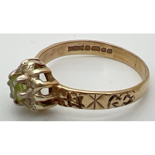 91 - A vintage 9ct gold Prasiolite and diamond cluster ring with engraved detail to shoulders. Central ro... 