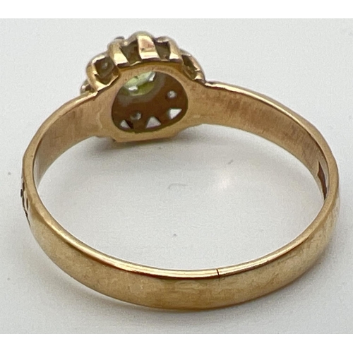 91 - A vintage 9ct gold Prasiolite and diamond cluster ring with engraved detail to shoulders. Central ro... 