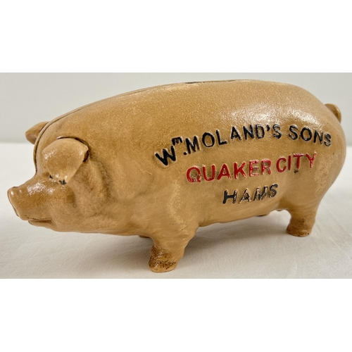 1147 - A painted cast iron advertising piggy bank for William Moland's Sons, Quaker City Hams. Approx. 20cm... 