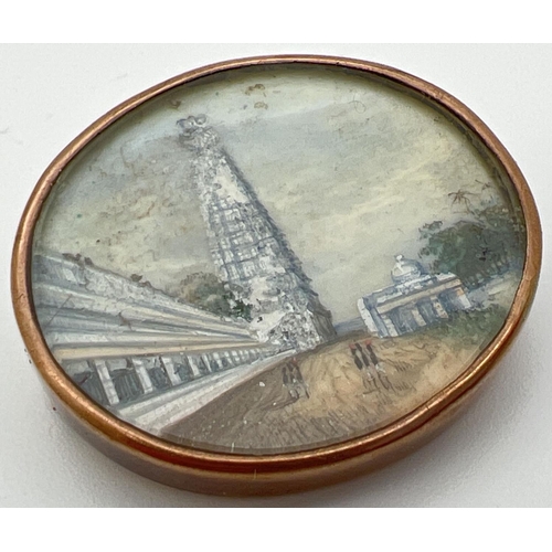 1045 - An antique miniature oil painting in a 9ct gold oval brooch. Painting depicts soldiers walking withi... 