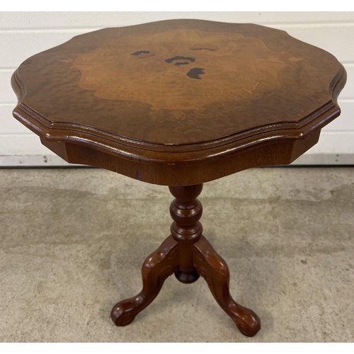 1397 - A vintage ornate tripod occasional table with inlaid floral design to top and shaped rim. Approx. 61... 