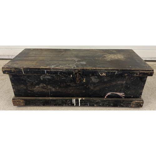 1402 - A vintage pine tool chest, painted black, with interior lift out shelf/box, banded bottom corners an... 