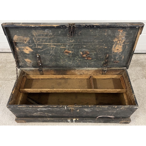 1402 - A vintage pine tool chest, painted black, with interior lift out shelf/box, banded bottom corners an... 