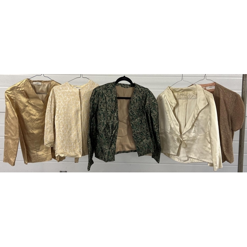 1330 - 5 ladies vintage jackets. To include cream satin with bow front, green floral lurex, cream and gold ... 