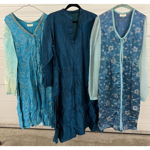 1336 - 3 ethnic style tunics in shades of blue. To include a lurex thread tunic with chiffon material sleev... 