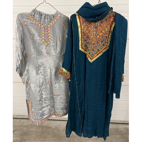 1337 - 2 ethnic tunic suits. Grey sateen with leaf embroidery throughout tunic and trousers together with a... 