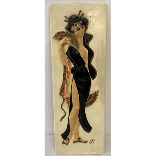 1195 - A 1960's chalk plaque depicting an oriental lady. Registered number to front.  Approx. 46cm x 15.5cm... 