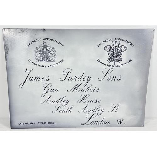 1170 - A large reproduction printed tin advertising sign for James Purdey & sons, Gun Makers. With holes fo... 